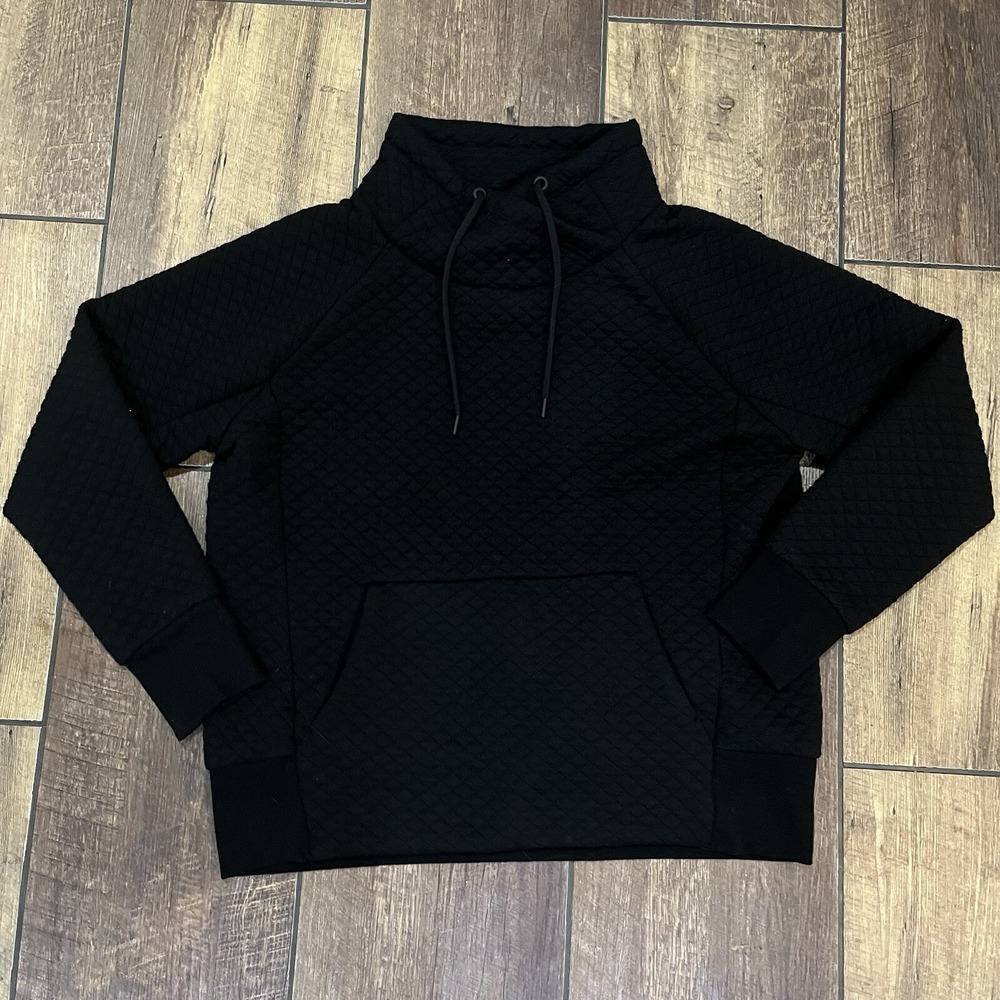 Green Tea Womens Sweatshirt Large Black Quilted Cowl Neck Drawstring Polyester
